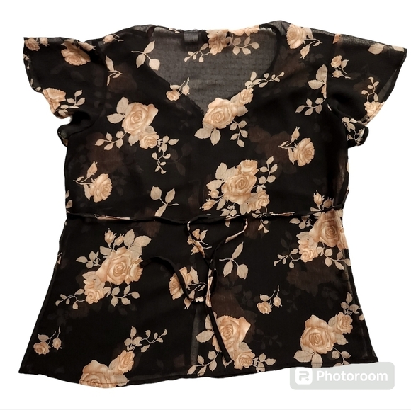 2000s Sheer Black Floral Flutter Sleeve Top sz M - Picture 3 of 6